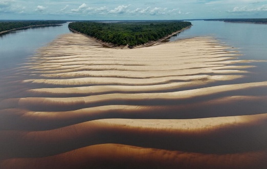 Paisagem da vazante na Amazônia com bancos de areia expostos às margens do rio, ambiente associado à ocorrência de panapaná