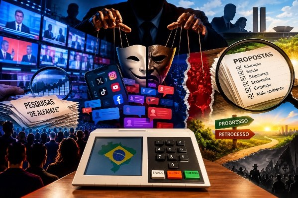 Montagem com mãos manipulando marionetes sobre uma urna eletrônica, telas de TV, ícones de redes sociais e uma lista de propostas