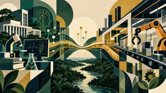 Ilustração ligando laboratório de pesquisa e linha de produção industrial por uma ponte sobre a floresta amazônica
