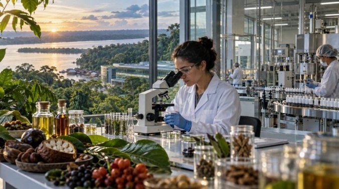 Pesquisadora ao microscópio em laboratório em Manaus, cercada de frutos, sementes e óleos da biodiversidade amazônica
