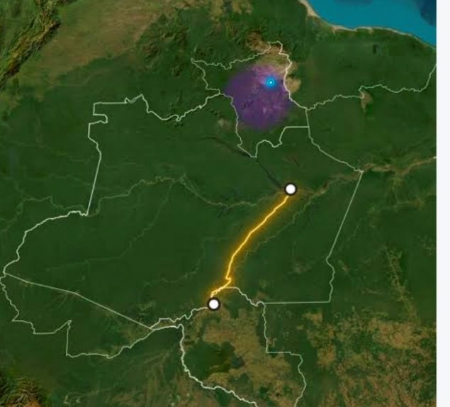 Mapa de satélite com o traçado da BR-319 entre Manaus e Porto Velho destacado em amarelo