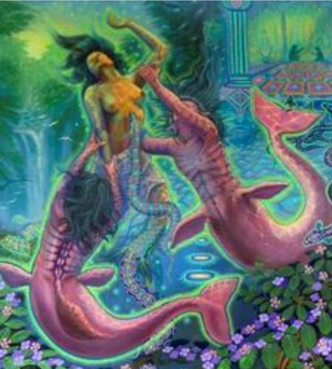 Pintura de botos-cor-de-rosa transformando-se em figuras humanas em um igarapé, representando os encantados do folclore amazônico
