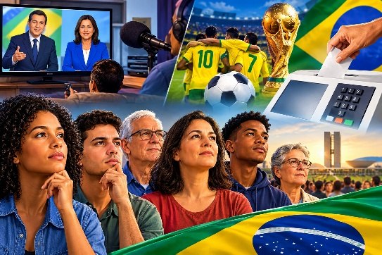 Montagem com jogadores da seleção brasileira, a taça, uma urna eletrônica, um debate na TV e pessoas assistindo
