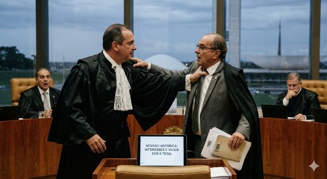 Ilustração de dois ministros em discussão no plenário do Supremo Tribunal Federal, com um cartaz onde se lê Sessão histórica: interesses e vícios sob a toga