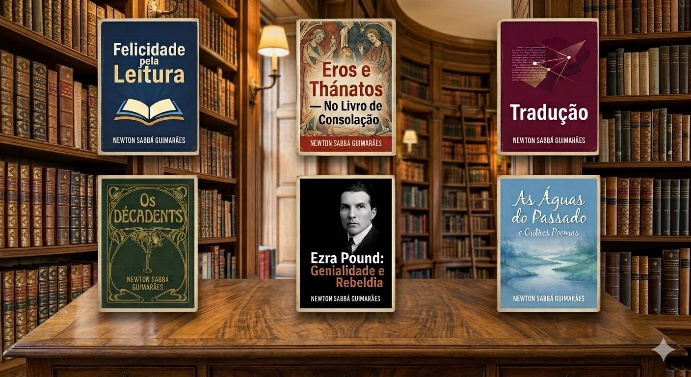 Livros de Newton Sabbá Guimarães sobre a mesa de uma biblioteca