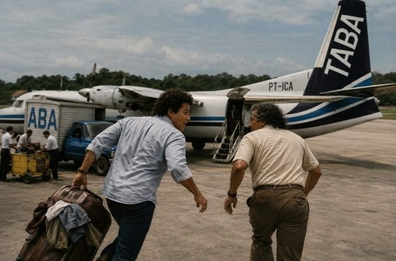 Ilustração de dois homens caminhando na pista de um aeroporto amazônico ao lado de um turbo-hélice da TABA