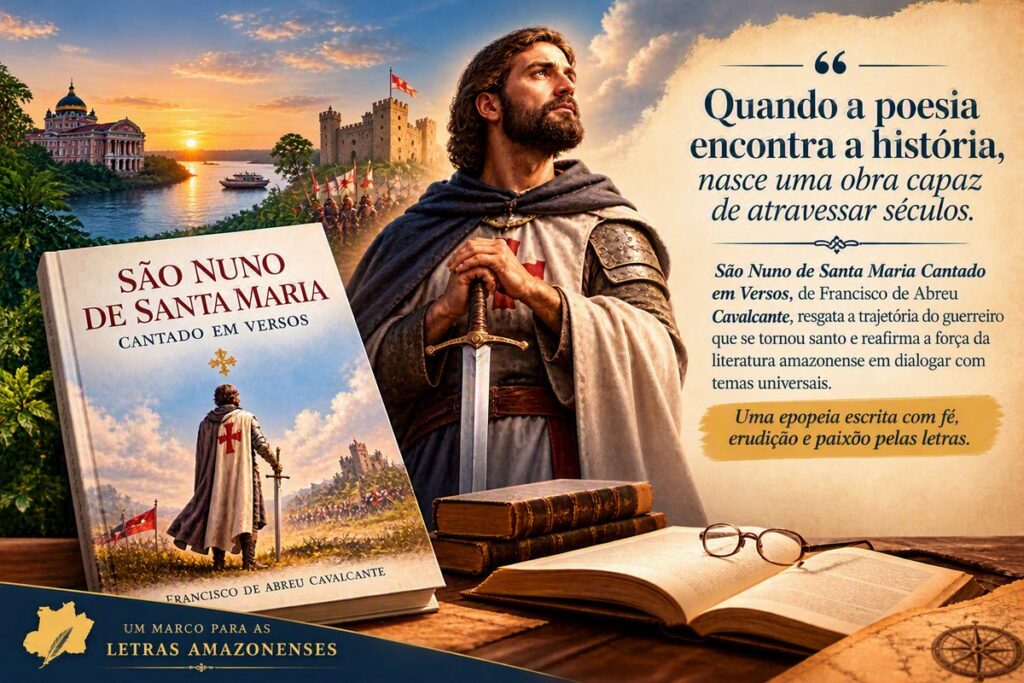 Capa do livro São Nuno de Santa Maria Cantado em Versos, de Francisco de Abreu Cavalcante, ao lado da imagem do santo guerreiro