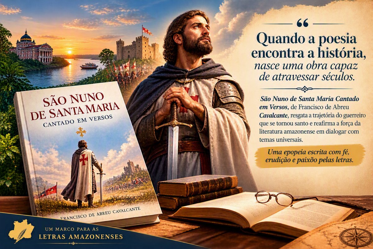 Capa do livro São Nuno de Santa Maria Cantado em Versos, de Francisco de Abreu Cavalcante, ao lado da imagem do santo guerreiro