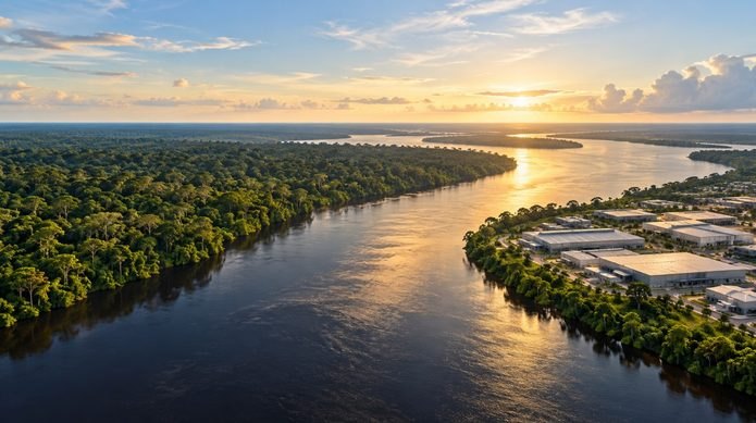 Vista aérea do rio com floresta de um lado e galpões industriais do outro, ao pôr do sol, em Manaus