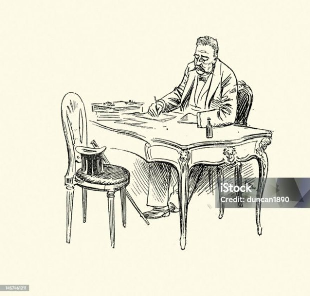 Gravura antiga de um homem escrevendo uma carta sentado a uma mesa