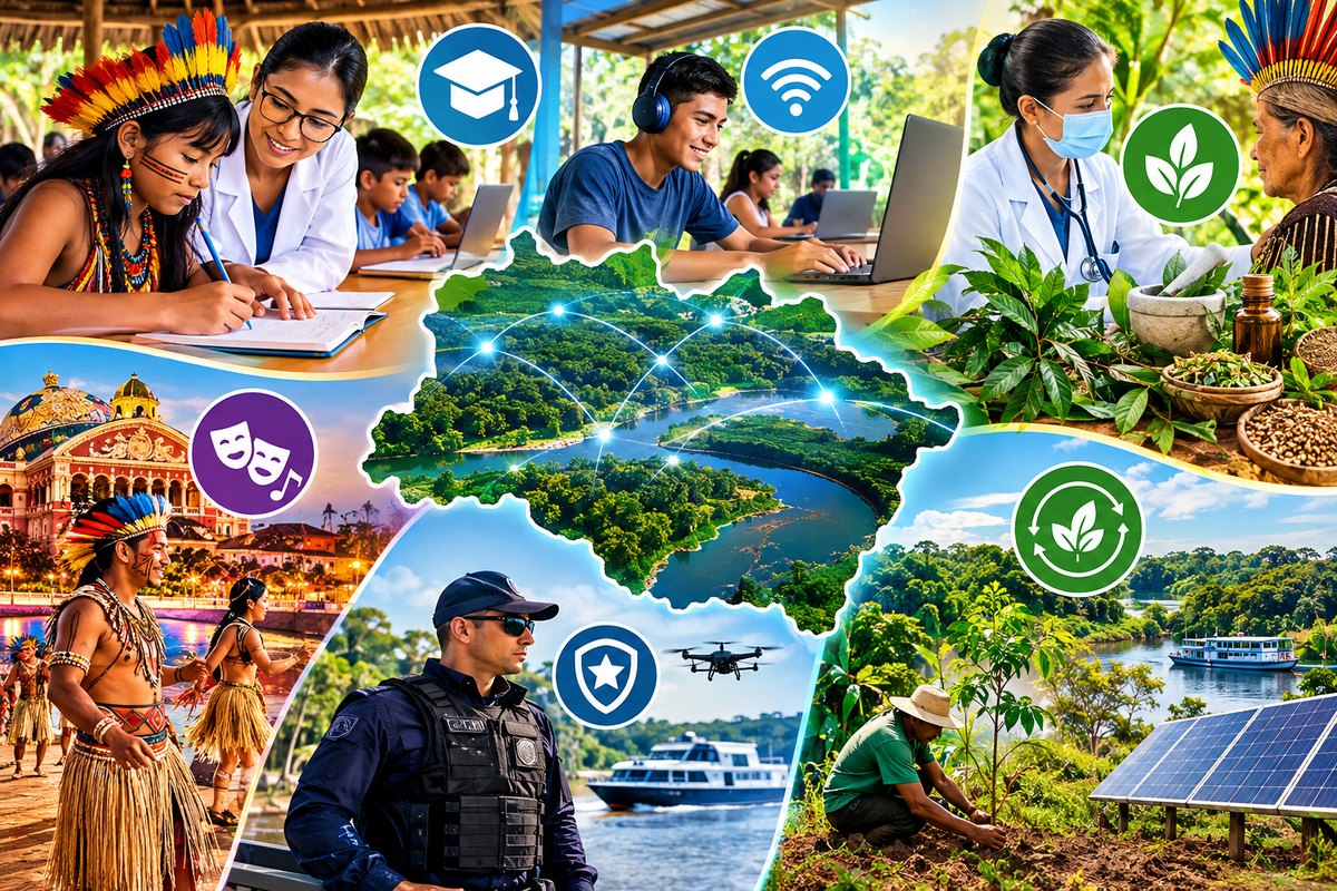 Montagem com estudantes indígenas, laboratório, conectividade, segurança pública, plantio e energia solar na Amazônia