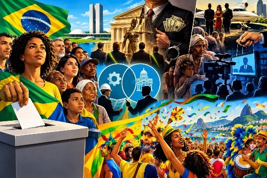 Montagem com eleitora depositando voto na urna, o Congresso Nacional, cenas de poder e dinheiro e uma festa popular