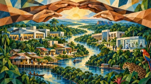Ilustração em estilo mosaico com rio amazônico, comunidade ribeirinha, prédios de pesquisa, floresta e mãos entrelaçadas ao alto