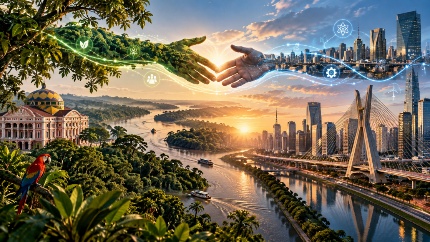 Ilustração: uma mão formada por folhas e outra tecnológica se aproximam sobre a floresta e a cidade de São Paulo