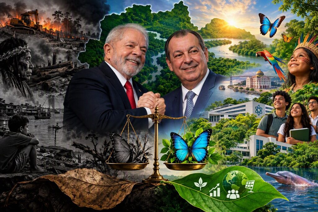 Ilustração: mosaico com área desmatada em chamas de um lado e floresta preservada do outro, borboletas numa balança e figuras políticas ao centro