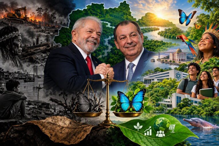 Ilustração: mosaico com área desmatada em chamas de um lado e floresta preservada do outro, borboletas numa balança e figuras políticas ao centro