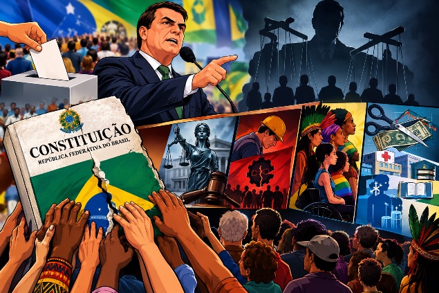 Ilustração: mãos erguem um exemplar da Constituição Federal diante de uma urna, uma multidão e cenas de direitos sociais