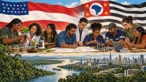 Ilustração: pesquisadores e trabalhadores reunidos sobre uma mesa, com as bandeiras do Amazonas e de São Paulo ao fundo