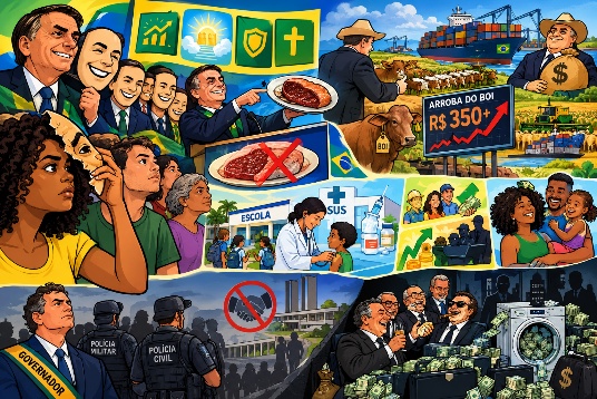 Ilustração em mosaico com cenas de campanha eleitoral, pecuária, exportação, escola, posto de saúde e policiamento