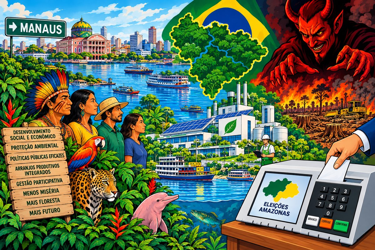 Ilustração: mosaico com Manaus, floresta, urna eletrônica e uma figura demoníaca sobre área desmatada em chamas