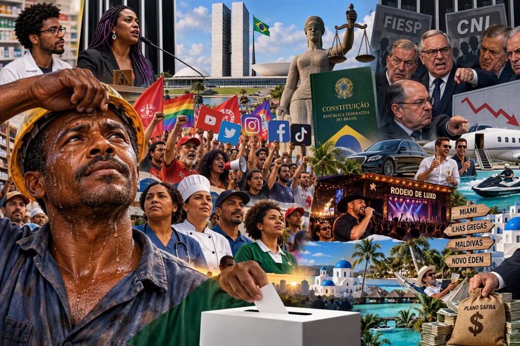 Ilustração: trabalhador suando ao lado de manifestação, Congresso Nacional, urna e cenas de ostentação