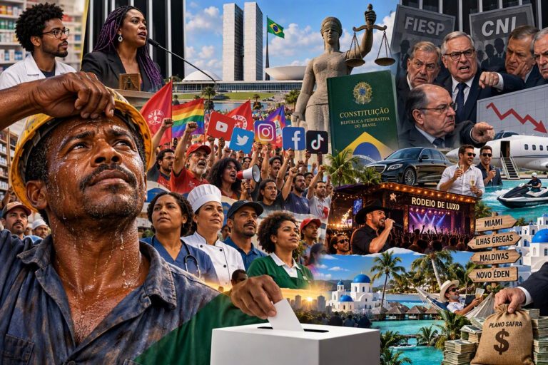 Ilustração: trabalhador suando ao lado de manifestação, Congresso Nacional, urna e cenas de ostentação