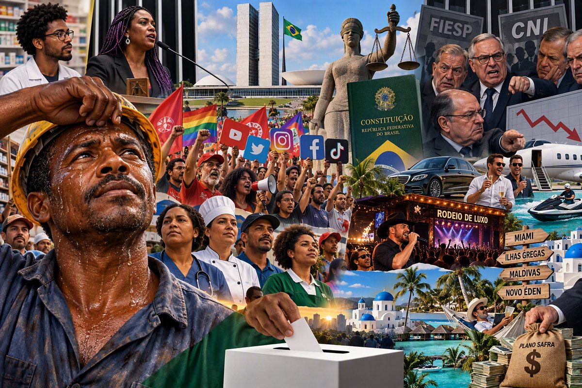 Ilustração: trabalhador suando ao lado de manifestação, Congresso Nacional, urna e cenas de ostentação