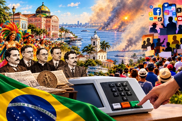 Ilustração: Teatro Amazonas, bandeira do Brasil, urna eletrônica, fumaça de queimadas e multidão num mosaico sobre Manaus