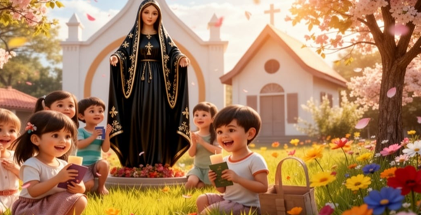 Ilustração: crianças brincando num jardim florido diante de uma capela e de uma imagem de Nossa Senhora