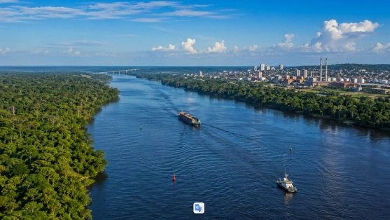 Vista aérea de rio amazônico com comboio de carga navegando entre a floresta e a área urbana