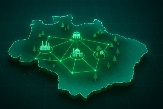 Ilustração do mapa do Amazonas em verde, com ícones de indústria, instituições, escola e floresta ligados por uma rede luminosa