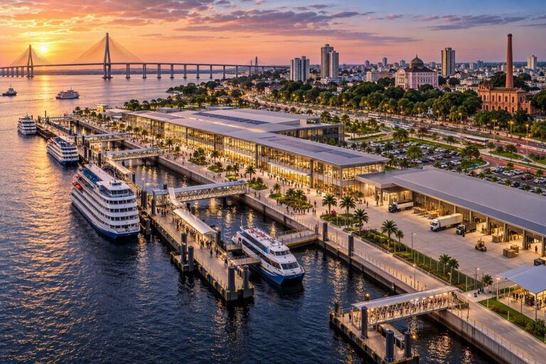 Projeção do novo porto de Manaus ao entardecer, com embarcações atracadas, a ponte sobre o rio Negro e o centro histórico ao fundo