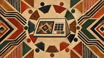 Ilustração de urna eletrônica ao centro de grafismos geométricos de inspiração indígena