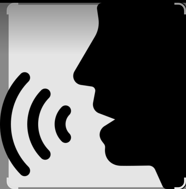 Ícone em preto e branco de um rosto de perfil falando, com ondas sonoras saindo da boca